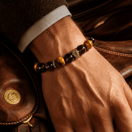 Men’s Tiger’s Eye crystal bracelet with smoky quartz and copper-gold accents on wrist
