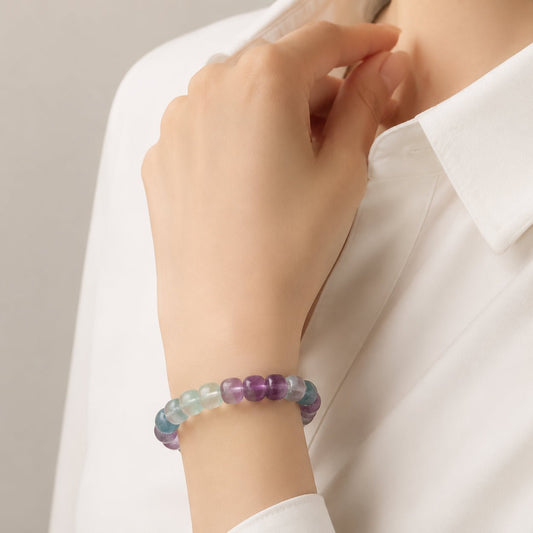 Natural Rainbow Fluorite bracelet styled with a clean white shirt