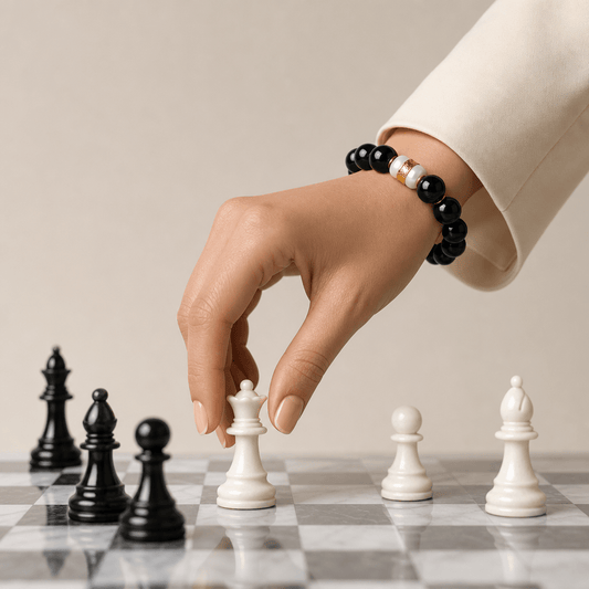 The Way Opens natural Obsidian bracelet worn while moving a white chess piece