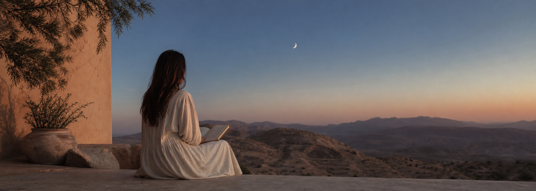 Woman journaling beneath a crescent moon at twilight