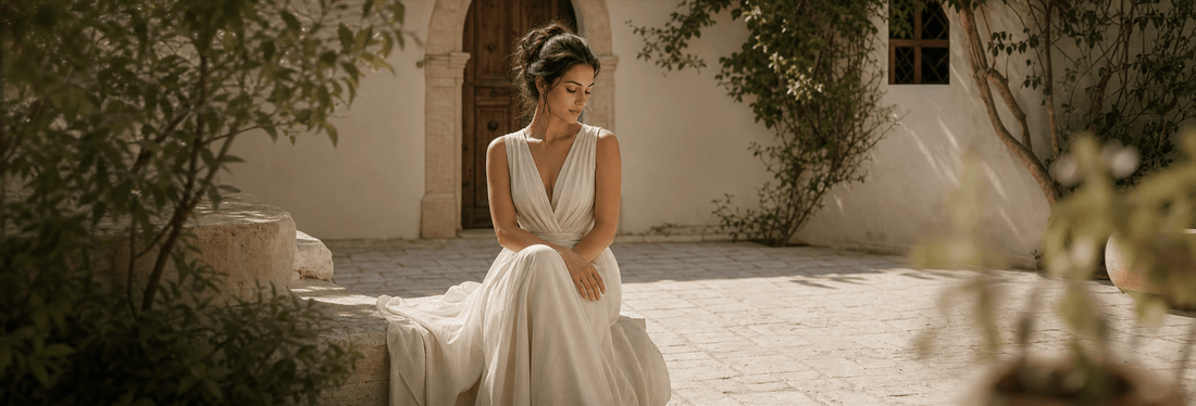Woman in an ivory dress reflecting in a warm sunlit courtyard