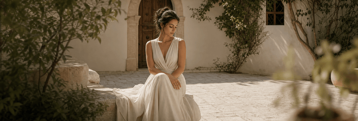 Woman in an ivory dress reflecting in a warm sunlit courtyard