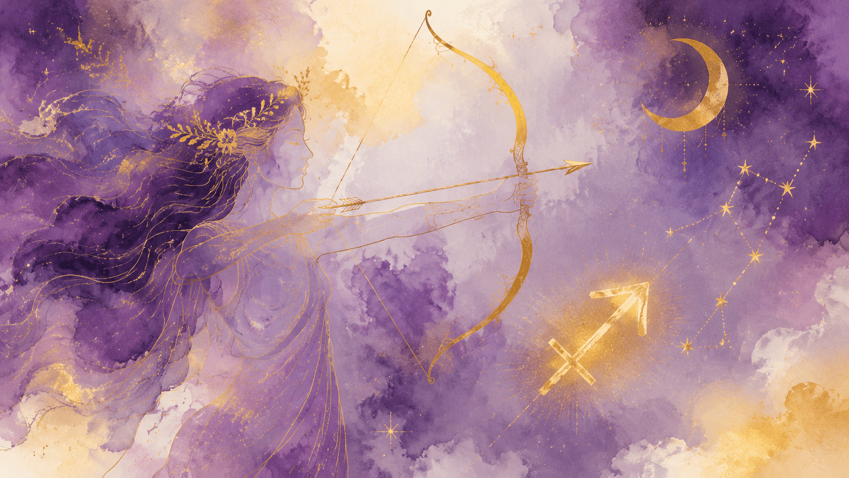 Watercolor Sagittarius zodiac illustration with a woman drawing a bow, gold Sagittarius symbol, crescent moon, stars, and purple celestial clouds for a zodiac bracelet collection