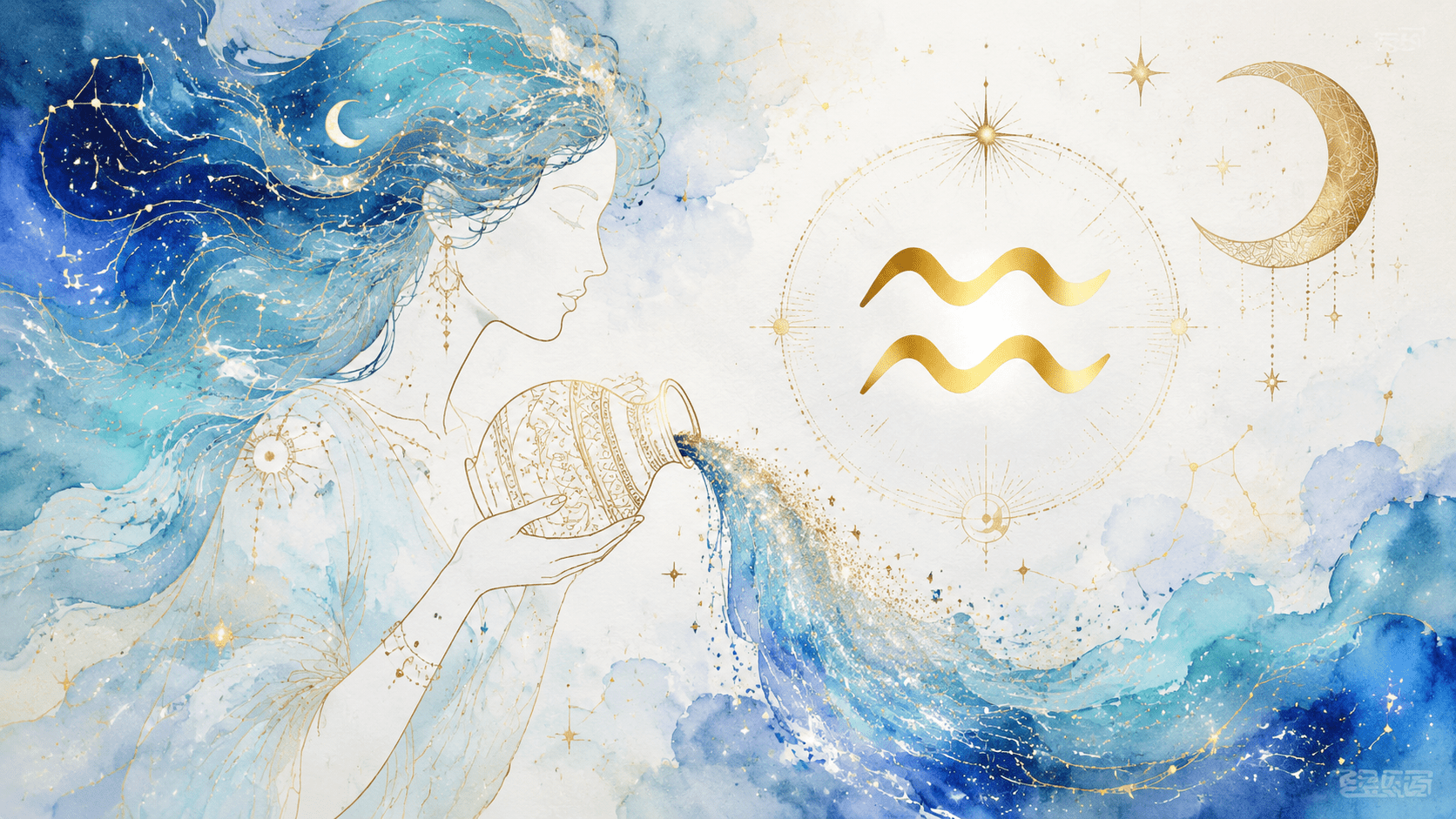 Watercolor Aquarius zodiac illustration with a woman pouring water, gold Aquarius symbol, crescent moon, stars, and blue celestial waves for a zodiac bracelet collection