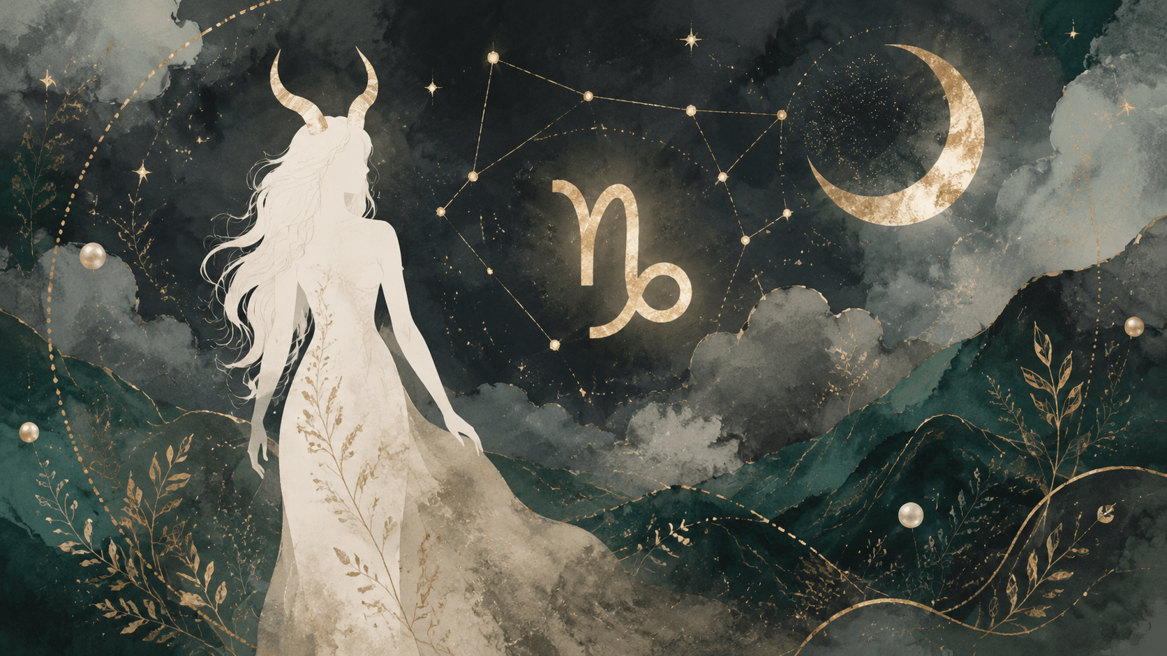 Watercolor Capricorn zodiac illustration with a horned woman, gold Capricorn symbol, crescent moon, stars, mountains, and deep green night sky for a zodiac bracelet collection