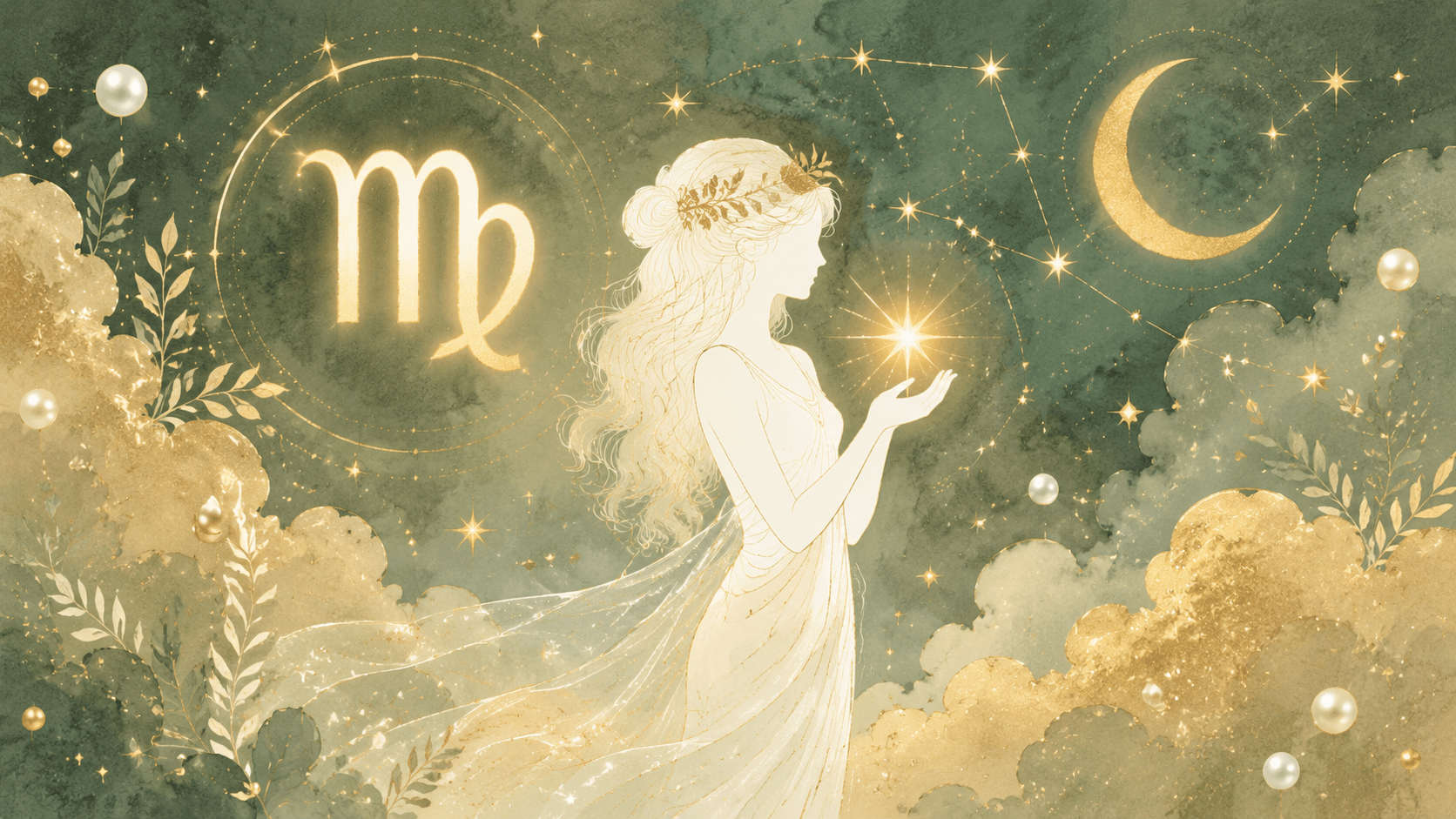 Watercolor Virgo zodiac illustration with a woman holding a glowing star, gold Virgo symbol, crescent moon, stars, and green celestial clouds for a zodiac bracelet collection