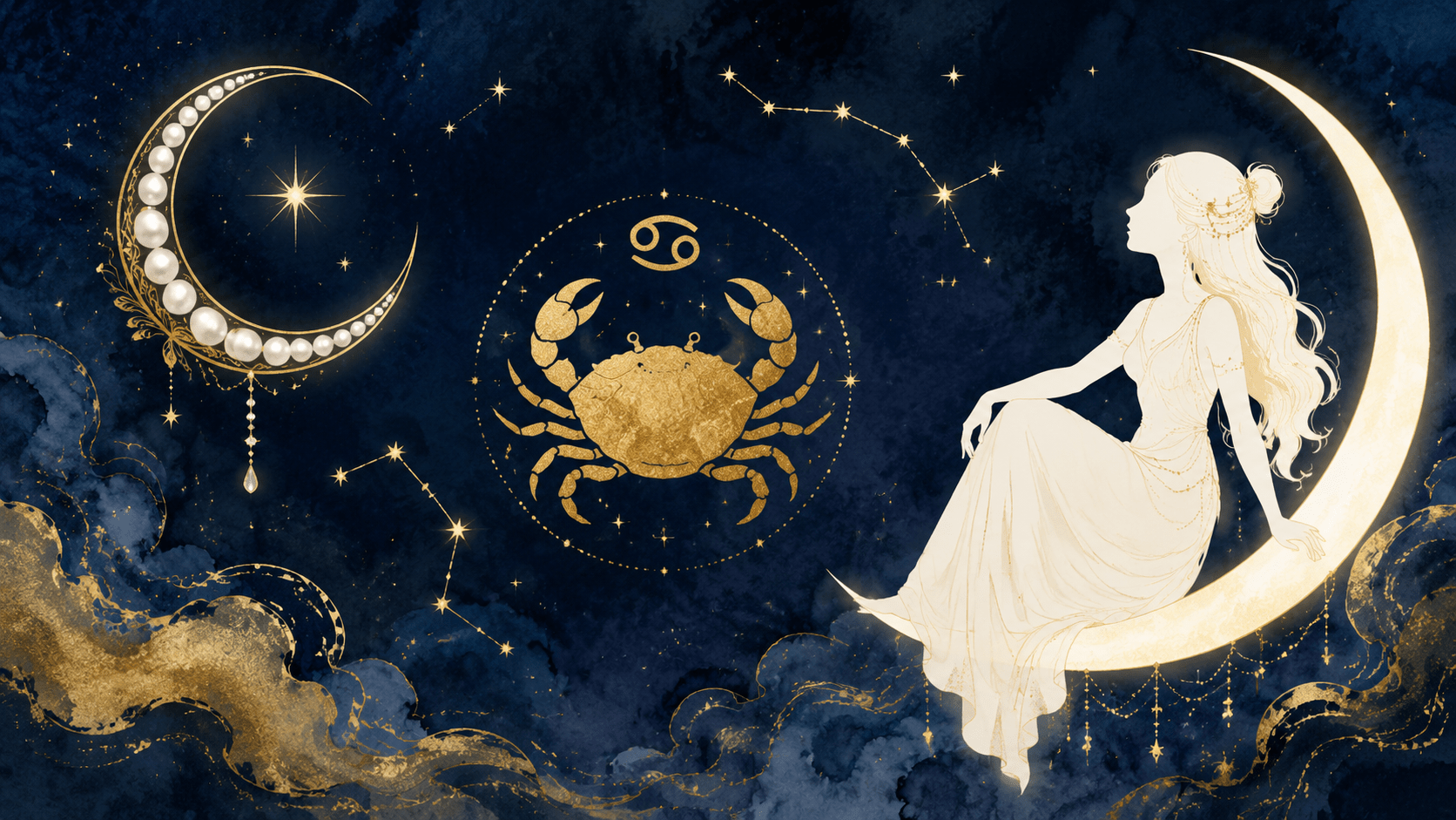 Watercolor Cancer zodiac illustration with a woman on a crescent moon, gold crab symbol, stars, pearls, and deep blue night sky for a zodiac bracelet collection