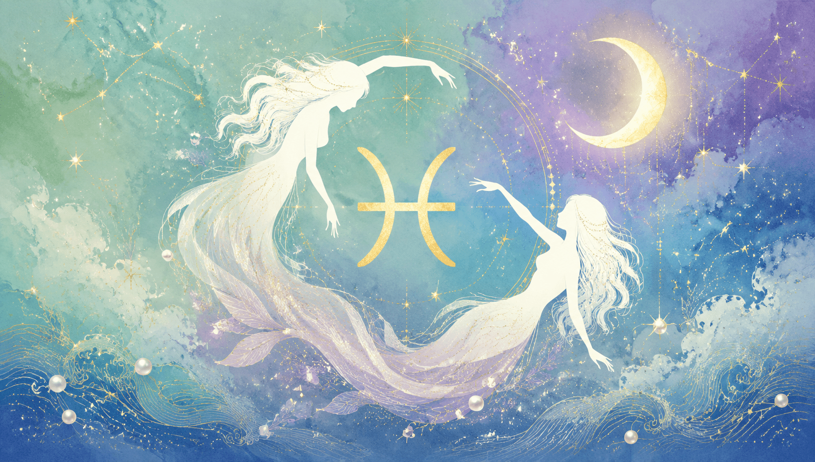 Watercolor Pisces zodiac illustration with two flowing feminine figures, gold Pisces symbol, crescent moon, stars, and blue ocean clouds for a zodiac bracelet collection