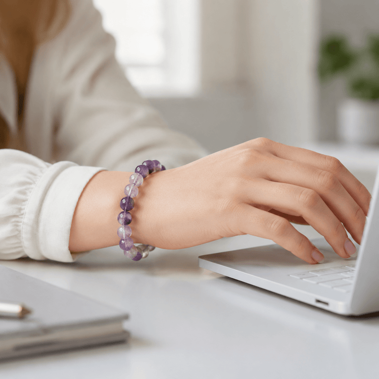 Woman wearing A Quiet Return Amethyst bracelet while working on a laptop