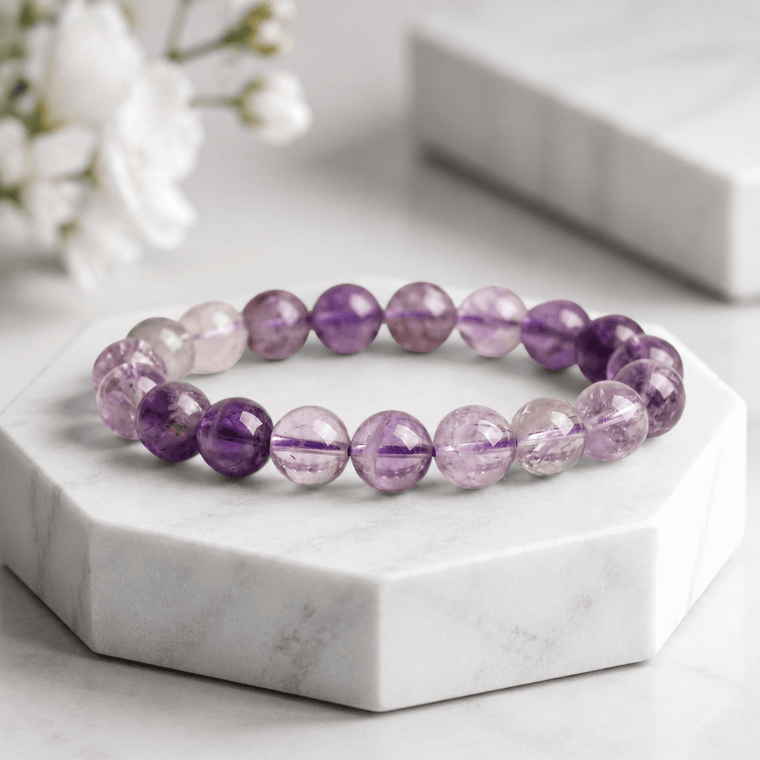 A Quiet Return Amethyst bracelet displayed on white marble with soft floral styling