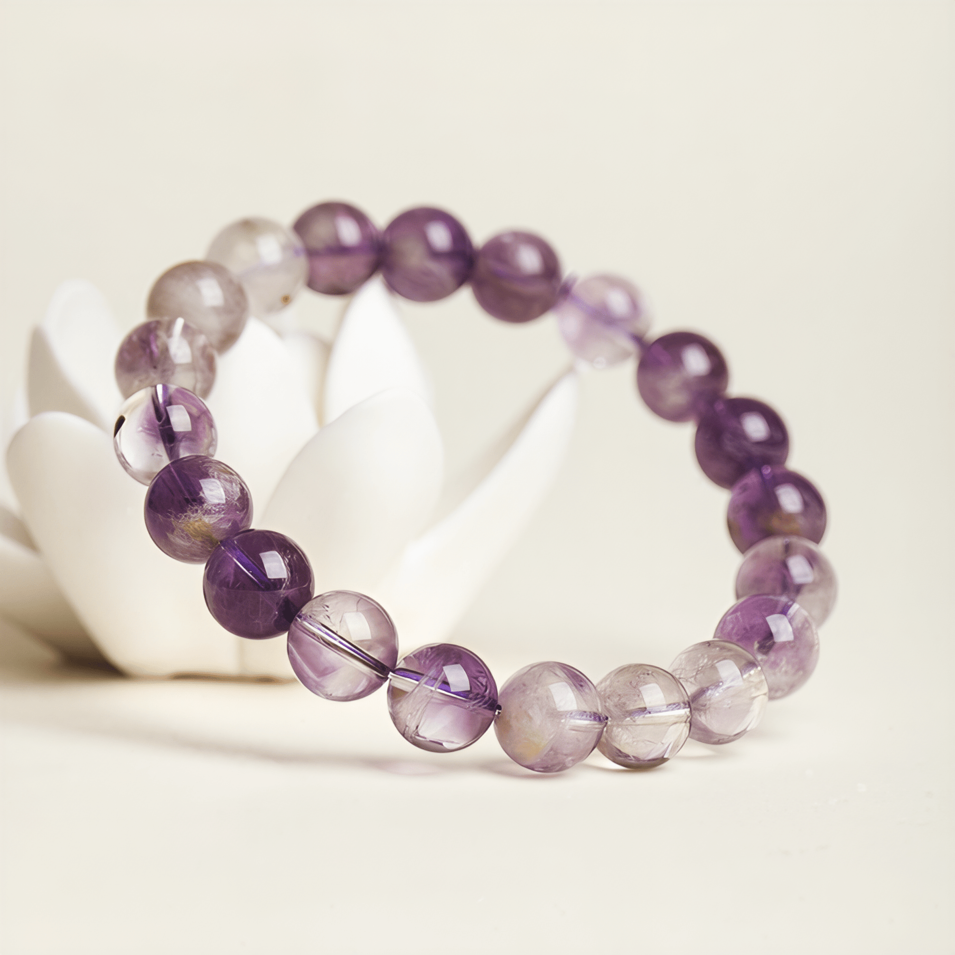 A Quiet Return bracelet with translucent lavender Amethyst beads in a soft floral setting