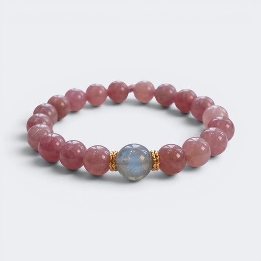 Front view of Held by the Moon bracelet with 10mm Purple Mica Rose Quartz beads and Gray Moonstone focal bead