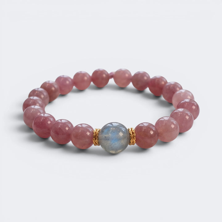 Front view of Held by the Moon bracelet with 10mm Purple Mica Rose Quartz beads and Gray Moonstone focal bead