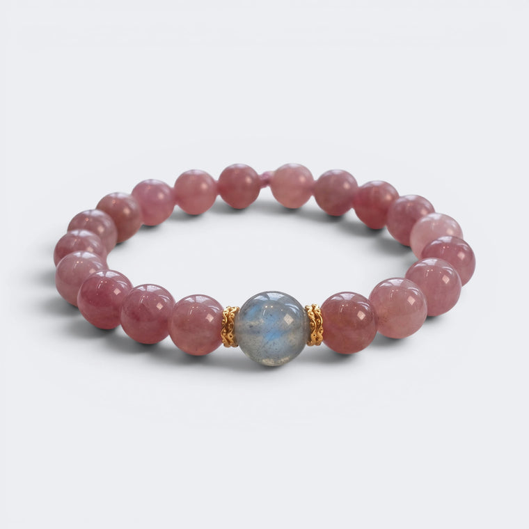 Front view of Held by the Moon bracelet with 10mm Purple Mica Rose Quartz beads and Gray Moonstone focal bead