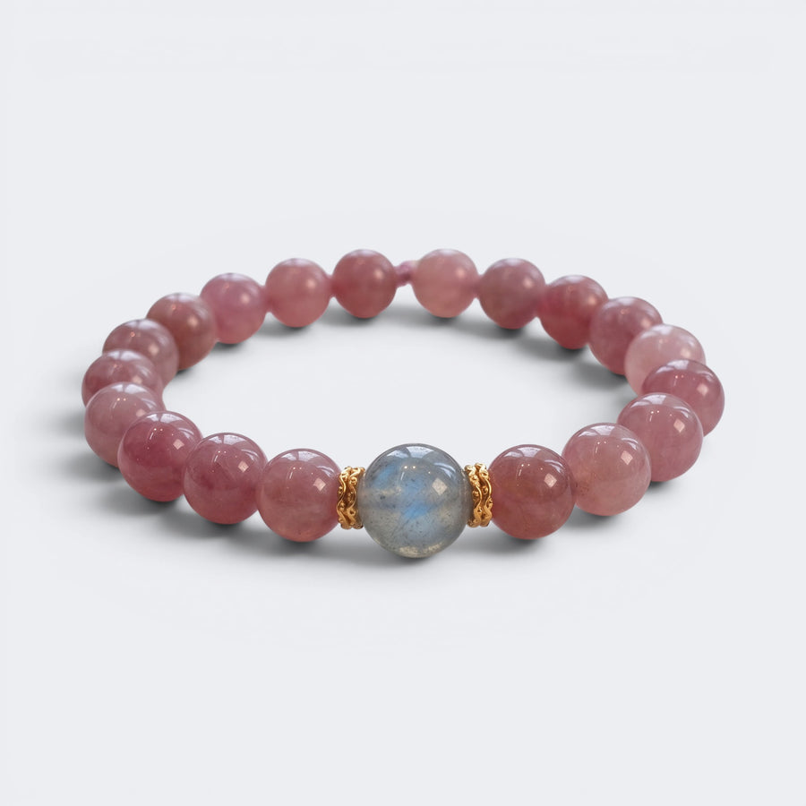 Front view of Held by the Moon bracelet with 10mm Purple Mica Rose Quartz beads and Gray Moonstone focal bead