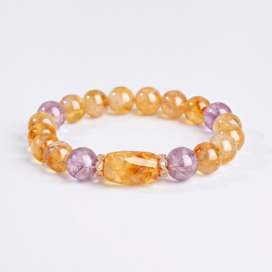 Front view of I Am Aligned bracelet with 8.5mm Citrine beads, 9.5mm Amethyst beads, and faceted Citrine focal bead