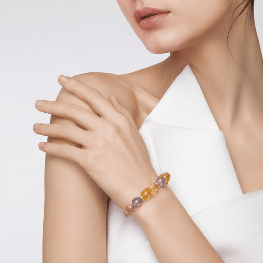 I Am Aligned Citrine and Amethyst bracelet styled with a clean white outfit