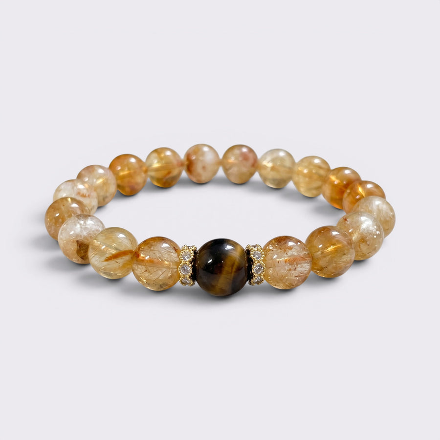 Front view of I Am Ready bracelet with 10mm natural Yellow Tower Citrine beads and Tiger Eye focal bead