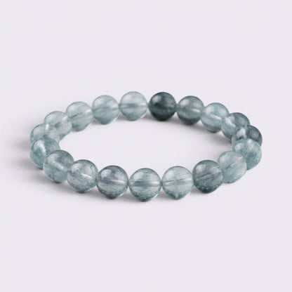 Natural 12mm Green Fluorite bracelet with translucent aqua beads and thread-like inclusions