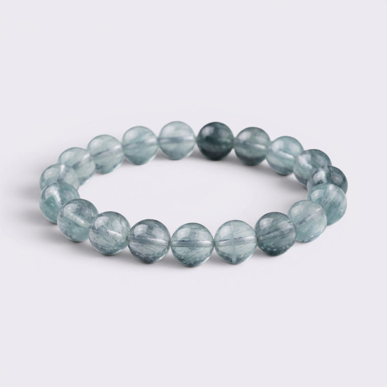 Natural 12mm Green Fluorite bracelet with translucent aqua beads and thread-like inclusions