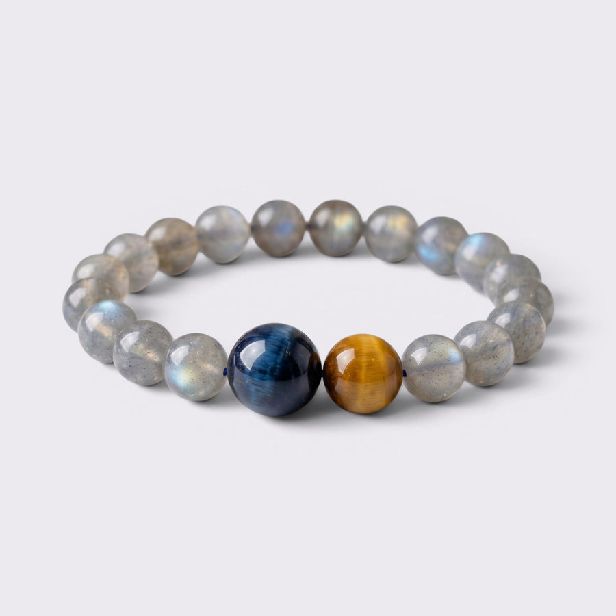 Front view of I Choose My Center bracelet with Gray Moonstone beads, Golden Tiger Eye, and Blue Tiger Eye accents