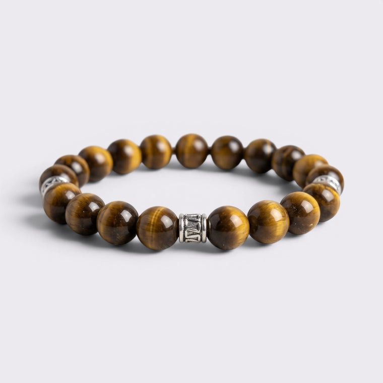 Natural Tiger's Eye beaded bracelet with silver-tone spacer accents