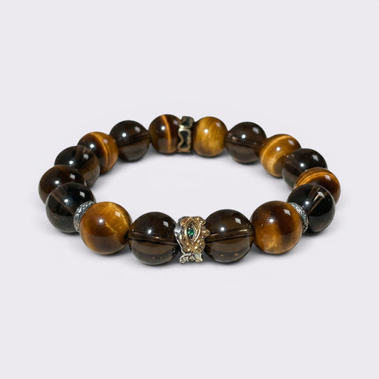 I Move With Purpose Tiger’s Eye bracelet with 12mm natural beads and copper-gold accents