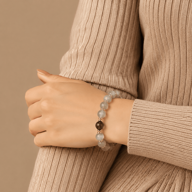 Oversized Gray Moonstone and Smoky Quartz bracelet styled with beige knitwear