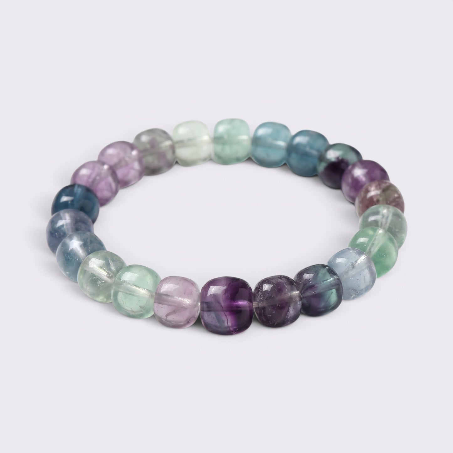 High-clarity natural Rainbow Fluorite bracelet with 10mm multicolor cushion-shaped beads