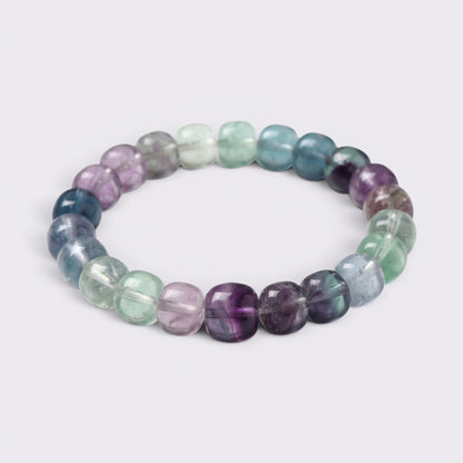 High-clarity natural Rainbow Fluorite bracelet with 10mm multicolor cushion-shaped beads