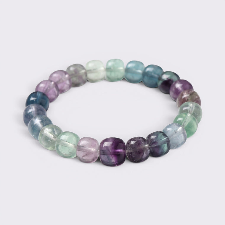 High-clarity natural Rainbow Fluorite bracelet with 10mm multicolor cushion-shaped beads