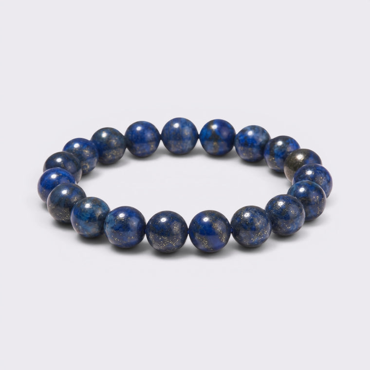 Natural 10mm Lapis Lazuli bracelet with royal-blue beads and golden pyrite flecks