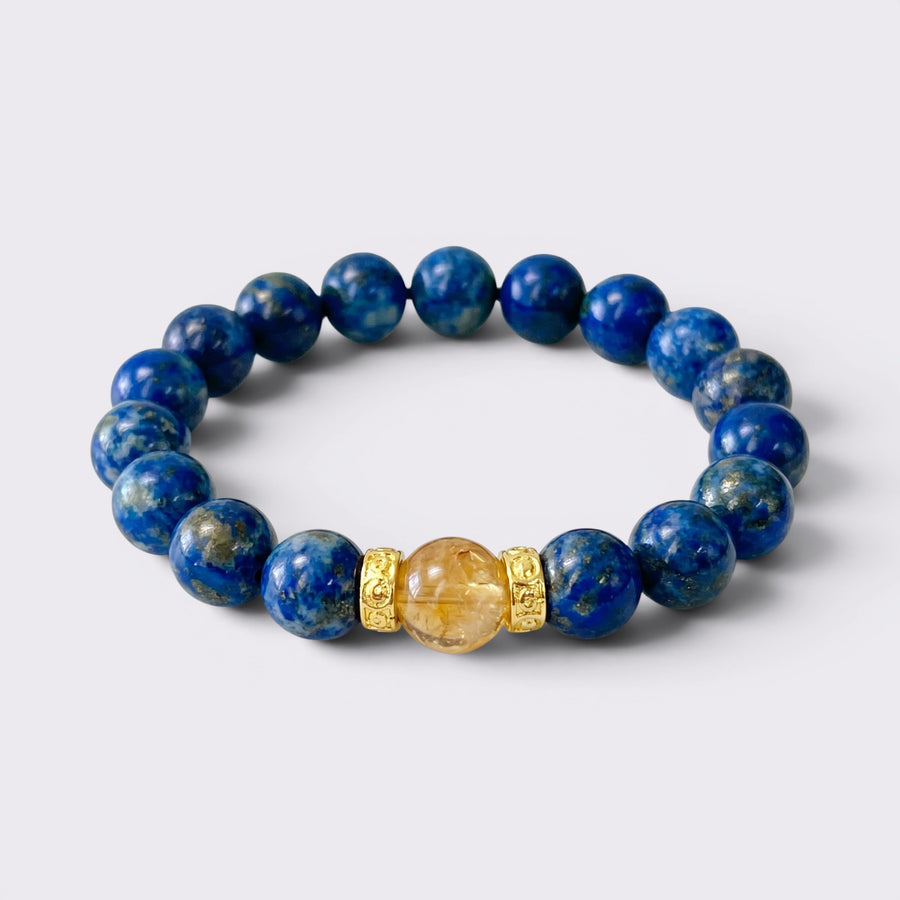 Natural Lapis Lazuli bracelet with 8mm blue beads, Citrine focal stone, and gold-tone spacers