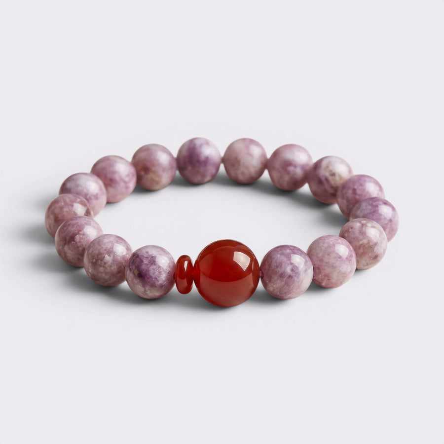 Front view of I Trust My Fire bracelet with 12mm natural Amethyst beads and a polished red centerpiece