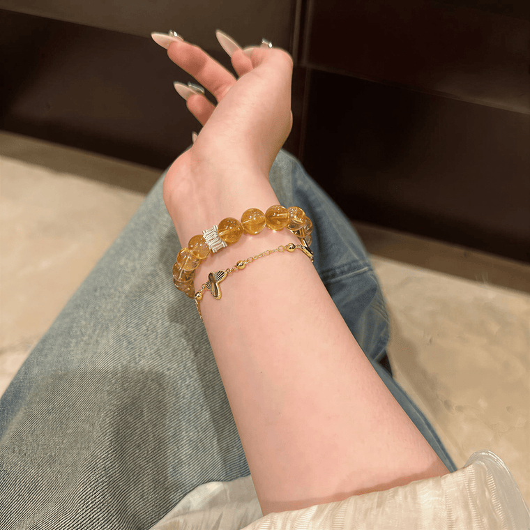 I Welcome More natural Citrine bracelet styled with denim and gold chain bracelet