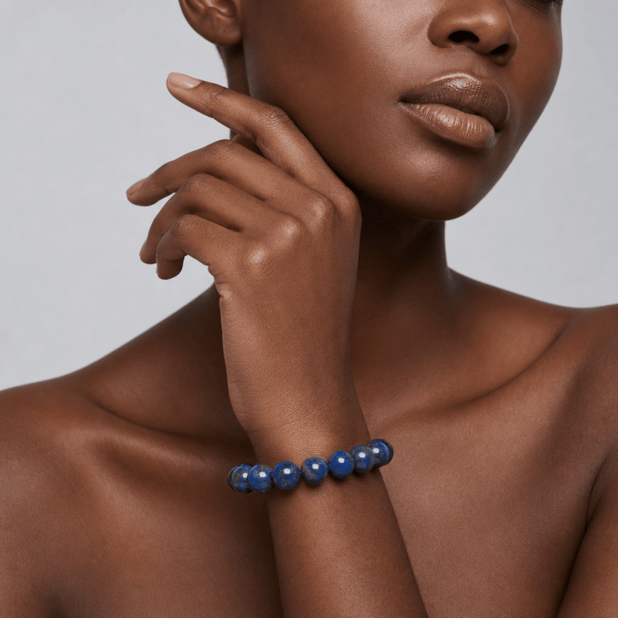 Natural Lapis Lazuli bracelet worn in a minimal studio portrait