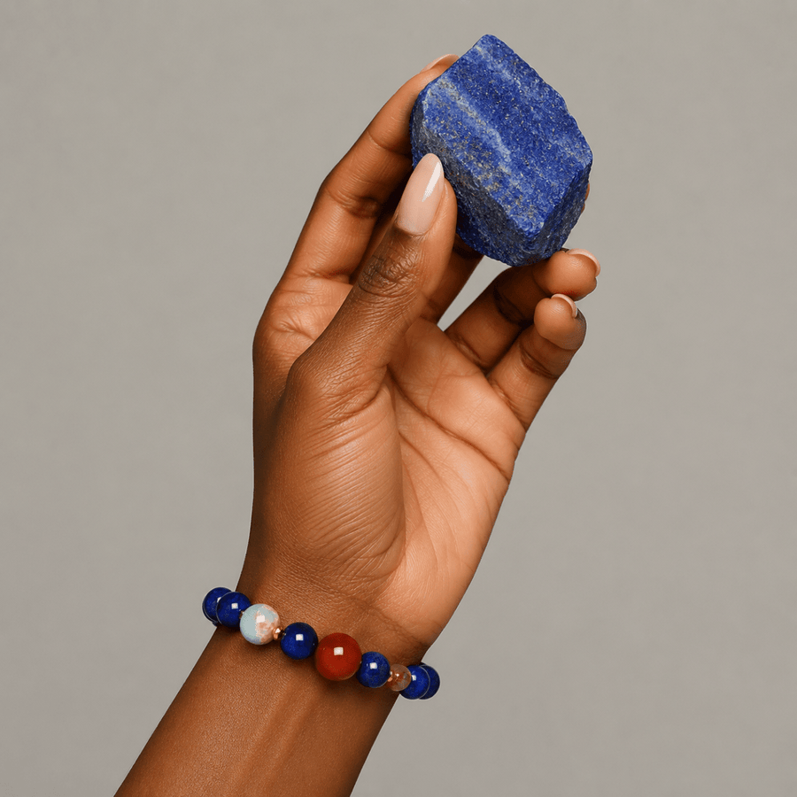 Model wearing a Lapis Lazuli bracelet while holding a raw Lapis Lazuli stone