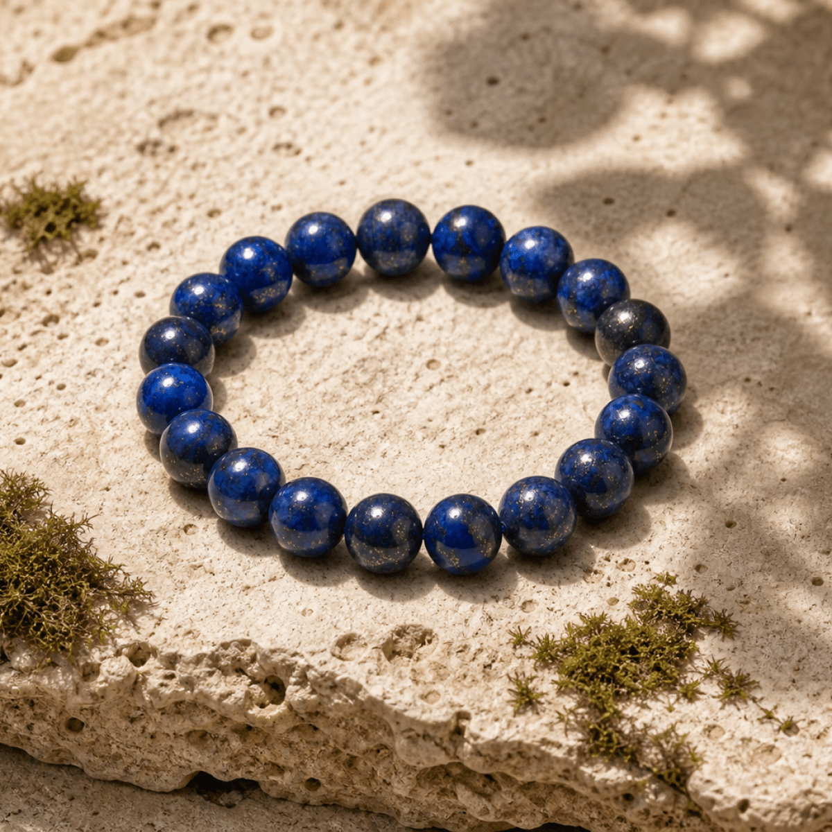 Royal-blue Lapis Lazuli bracelet displayed on natural stone in sunlight