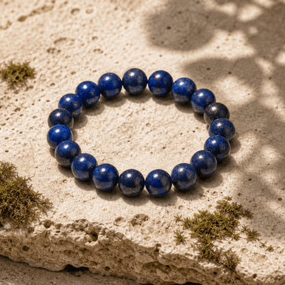 Royal-blue Lapis Lazuli bracelet displayed on natural stone in sunlight
