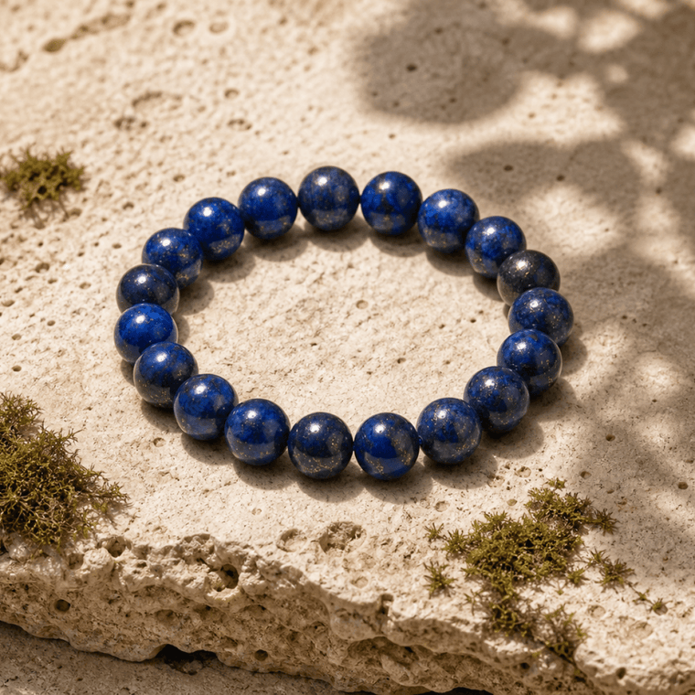 Royal-blue Lapis Lazuli bracelet displayed on natural stone in sunlight