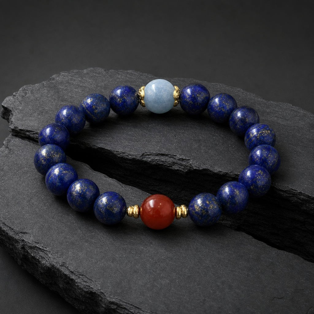 Natural Lapis Lazuli bracelet with Nanhong Agate and Aquamarine accents on black stone