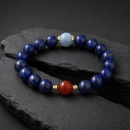 Natural Lapis Lazuli bracelet with Nanhong Agate and Aquamarine accents on black stone