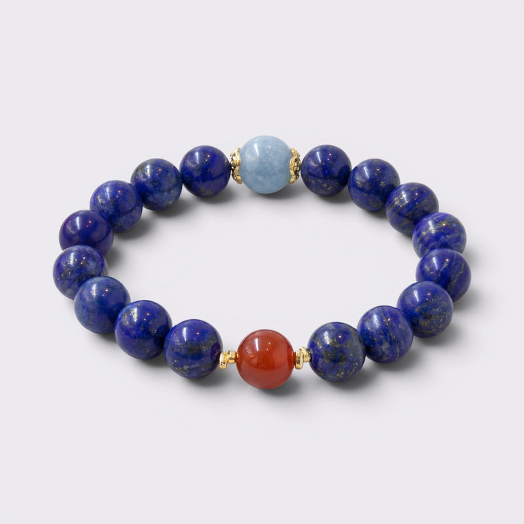 Natural Lapis Lazuli bracelet with Nanhong Agate, Aquamarine and gold-tone spacer accents