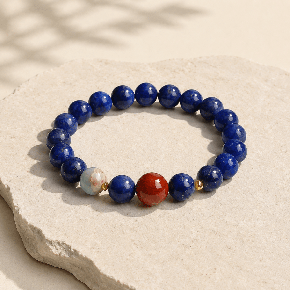 Natural Lapis Lazuli bracelet with red Nanhong bead and decorative accent on light stone surface