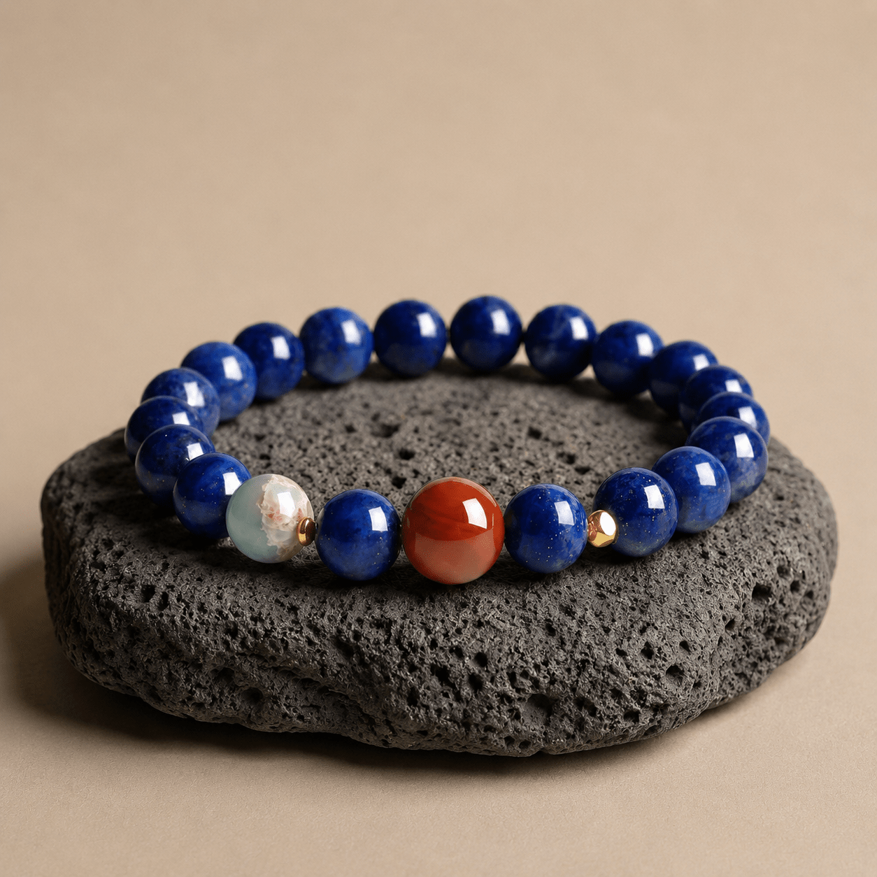 Lapis Lazuli and Nanhong bracelet displayed on textured stone with decorative multicolor accent bead