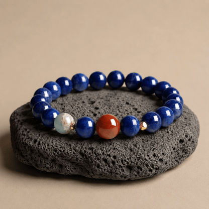 Lapis Lazuli and Nanhong bracelet displayed on textured stone with decorative multicolor accent bead
