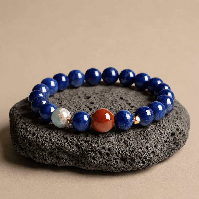 Lapis Lazuli and Nanhong bracelet displayed on textured stone with decorative multicolor accent bead
