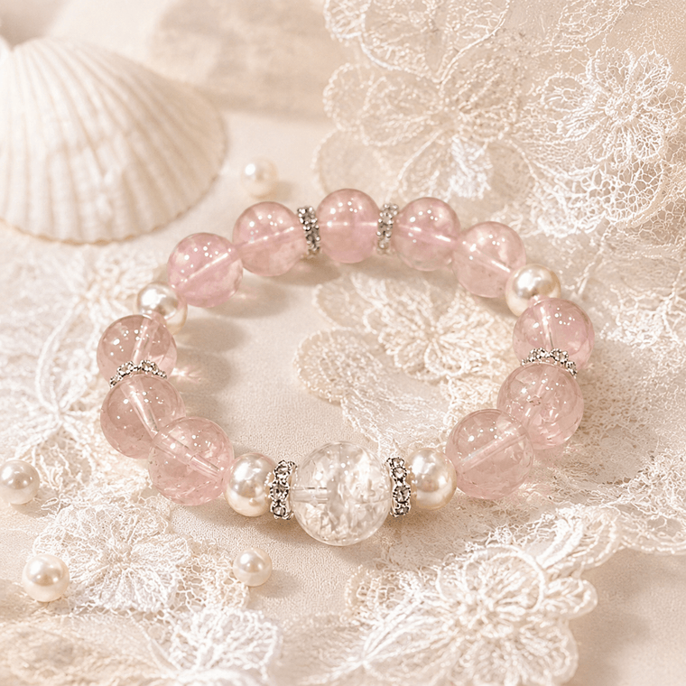 Love Lives Here Rose Quartz bracelet with Snowflake Phantom centerpiece displayed on soft lace
