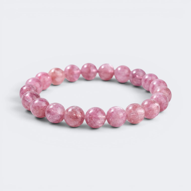 Front view of Loved As I Am bracelet with 11mm natural Rose Quartz beads