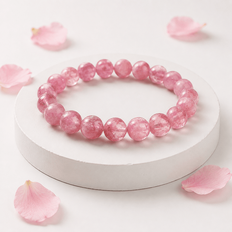 Loved As I Am bracelet displayed on warm satin with natural Rose Quartz beads
